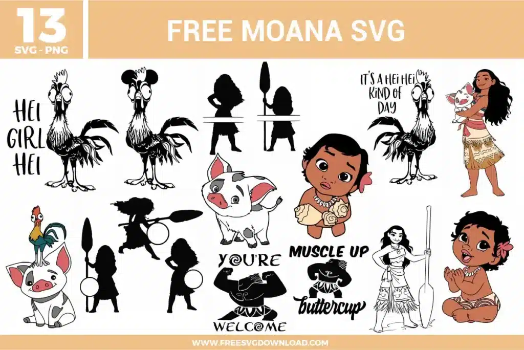 Free Moana SVG designs showing Moana characters, Hei Hei and Pua illustrations, island themed quotes, bold silhouettes, and iconic movie inspired graphics