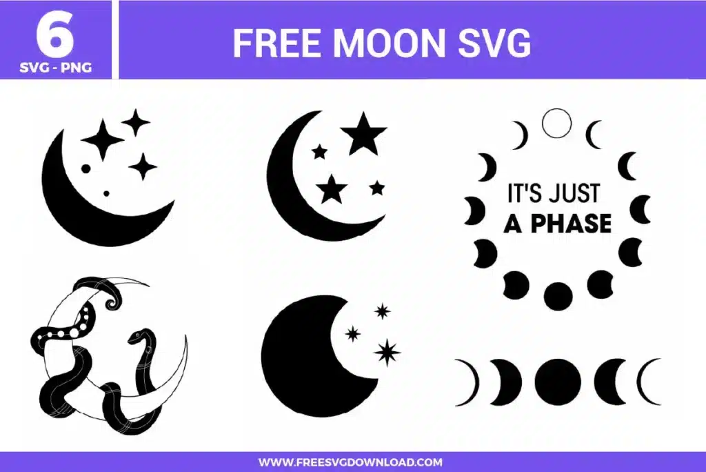 A mystical collection of 6 moon free svg files featuring black and white celestial illustrations. The set includes various crescent moons with stars, a detailed snake entwined around a moon, linear lunar cycles, and a circular moon phase design with the text "IT'S JUST A PHASE" in a clean, modern font. These high-contrast vector graphics are ideal for bohemian, witchy, or astrological-themed DIY projects.