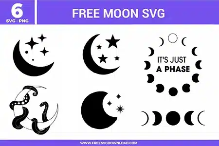 A mystical collection of 6 moon free svg files featuring black and white celestial illustrations. The set includes various crescent moons with stars, a detailed snake entwined around a moon, linear lunar cycles, and a circular moon phase design with the text "IT'S JUST A PHASE" in a clean, modern font. These high-contrast vector graphics are ideal for bohemian, witchy, or astrological-themed DIY projects.