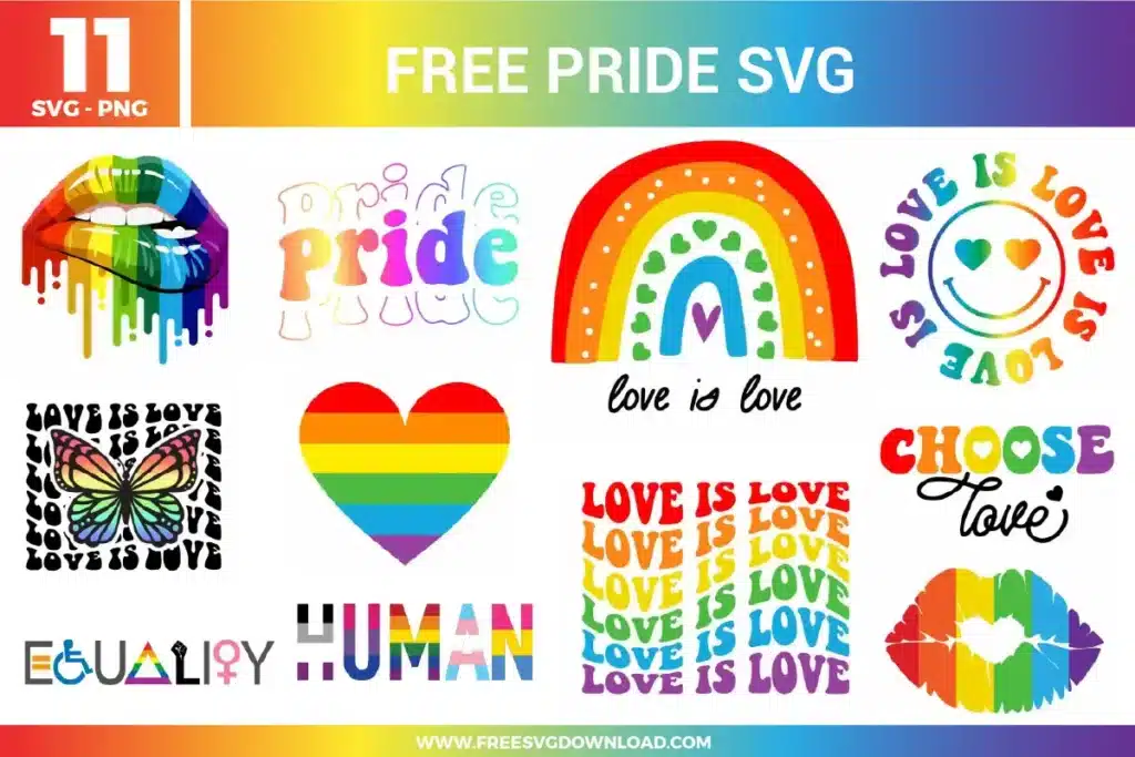 A bundle of 11 free svg files celebrating Pride with vibrant rainbow-themed designs including dripping lips, a geometric heart, and "Love is Love" typography. The collection features a full spectrum of red, orange, yellow, green, blue, and purple hues across diverse styles such as groovy wavy text, a butterfly inclusivity graphic, and a rainbow smiley face. These high-quality free svg files are perfect for creating bold Pride festival apparel, community awareness stickers, and inclusive DIY home decor.
