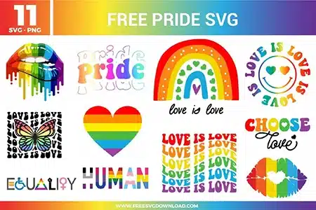 A bundle of 11 free svg files celebrating Pride with vibrant rainbow-themed designs including dripping lips, a geometric heart, and "Love is Love" typography. The collection features a full spectrum of red, orange, yellow, green, blue, and purple hues across diverse styles such as groovy wavy text, a butterfly inclusivity graphic, and a rainbow smiley face. These high-quality free svg files are perfect for creating bold Pride festival apparel, community awareness stickers, and inclusive DIY home decor.