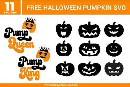 11 free svg files for Halloween featuring "Pump Queen" and "Pump King" typography with crowned pumpkins and nine unique jack-o'-lantern face silhouettes in spooky and smiling styles, perfect for orange and black vinyl Cricut projects.