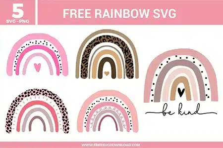 Five boho style rainbow free svg files displayed in a creative collection. The vector illustrations feature minimalist arches patterned with trendy leopard print spots, delicate polka dots, and hand-drawn loops in a neutral color palette of blush pink, taupe, tan, cream, and black, with one design including a delicate cursive "be kind" text element.