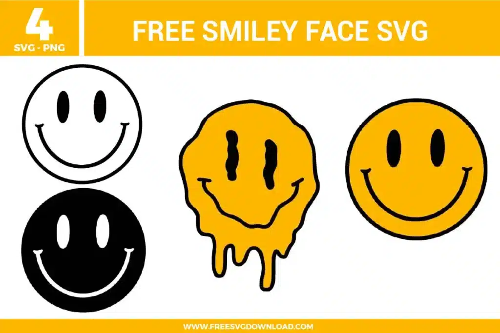 Four retro classic and melting smiley face free svg files displayed on a clean layout. The pack includes a minimalist white face with a thick black outline, an inverted solid black face with white features, a trippy melting distorted yellow drip smiley face, and a vibrant classic yellow happy face graphic, perfect for trendy streetwear and DIY vinyl crafts.