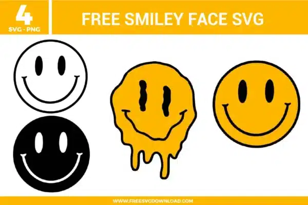 Four retro classic and melting smiley face free svg files displayed on a clean layout. The pack includes a minimalist white face with a thick black outline, an inverted solid black face with white features, a trippy melting distorted yellow drip smiley face, and a vibrant classic yellow happy face graphic, perfect for trendy streetwear and DIY vinyl crafts.