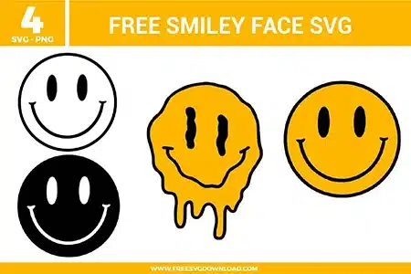 Four retro classic and melting smiley face free svg files displayed on a clean layout. The pack includes a minimalist white face with a thick black outline, an inverted solid black face with white features, a trippy melting distorted yellow drip smiley face, and a vibrant classic yellow happy face graphic, perfect for trendy streetwear and DIY vinyl crafts.
