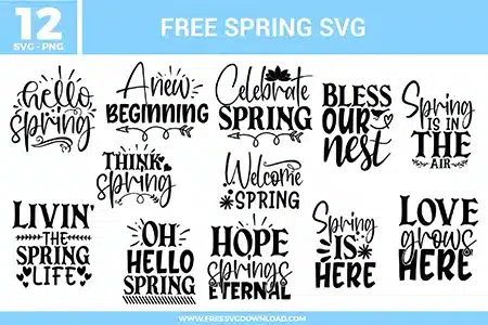 Spring quote designs with hand-lettered typography, floral accents, arrows, and decorative elements featuring phrases like hello spring, welcome spring, spring is here, and love grows here in a clean black and white style.