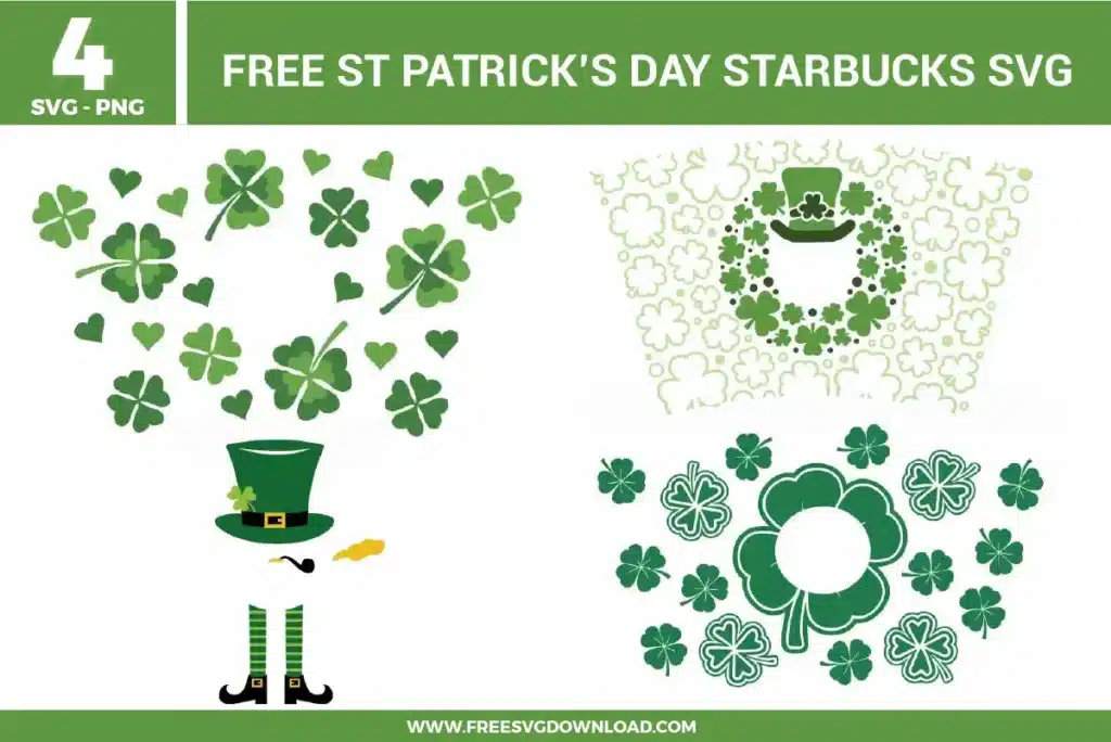 St Patricks Day Starbucks SVG bundle preview showing four green cup wrap designs with shamrocks, heart accents, leprechaun hat artwork, clover wreaths, lucky patterns, and St Patrick’s Day drinkware graphics for Cricut and Silhouette.