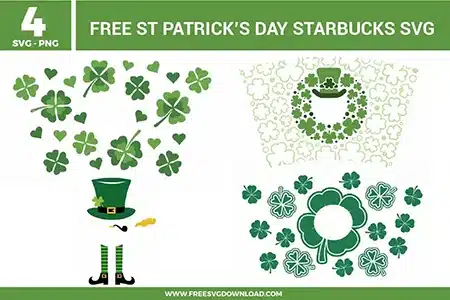 St Patricks Day Starbucks SVG bundle preview showing four green cup wrap designs with shamrocks, heart accents, leprechaun hat artwork, clover wreaths, lucky patterns, and St Patrick’s Day drinkware graphics for Cricut and Silhouette.
