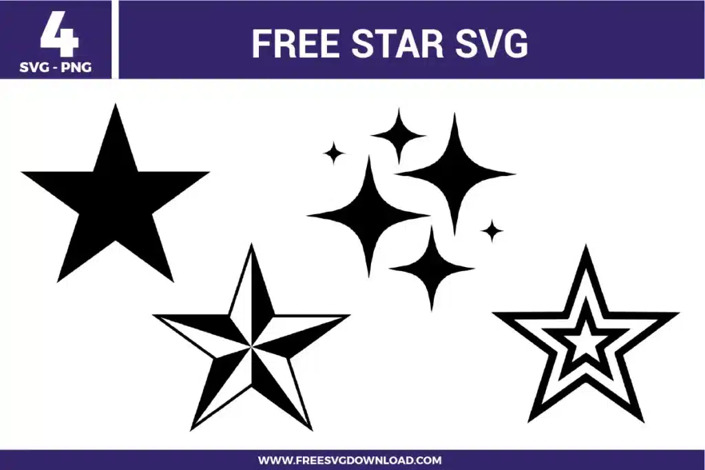 A versatile set of 4 star free svg files featuring diverse geometric styles in solid black. The bundle includes a classic five-point star, a sparkling cluster of four-point twinkle stars, a nautical-style star with dimensional shading, and a multi-layered outline star design. These clean vector graphics are perfect for accenting larger DIY projects or creating bold, celestial-themed decals.