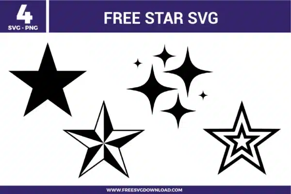 A versatile set of 4 star free svg files featuring diverse geometric styles in solid black. The bundle includes a classic five-point star, a sparkling cluster of four-point twinkle stars, a nautical-style star with dimensional shading, and a multi-layered outline star design. These clean vector graphics are perfect for accenting larger DIY projects or creating bold, celestial-themed decals.