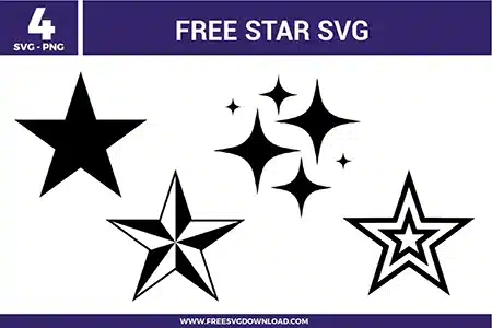 A versatile set of 4 star free svg files featuring diverse geometric styles in solid black. The bundle includes a classic five-point star, a sparkling cluster of four-point twinkle stars, a nautical-style star with dimensional shading, and a multi-layered outline star design. These clean vector graphics are perfect for accenting larger DIY projects or creating bold, celestial-themed decals.