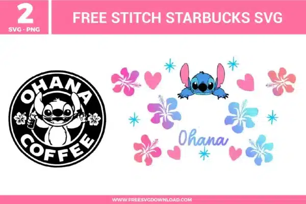 Free Stitch Starbucks SVG designs showing Stitch inspired coffee graphics, Ohana themed artwork, floral accents, hearts, and playful Disney character details