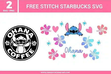 Free Stitch Starbucks SVG designs showing Stitch inspired coffee graphics, Ohana themed artwork, floral accents, hearts, and playful Disney character details
