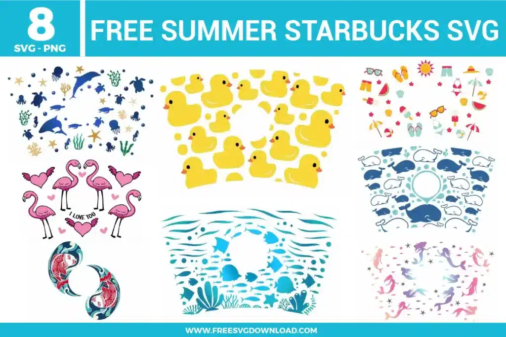 Summer Starbucks SVG bundle preview showing eight cup wrap style designs with ocean animals, rubber ducks, beach icons, flamingos, whales, fish, mermaids, and colorful summer patterns for Cricut and Silhouette.
