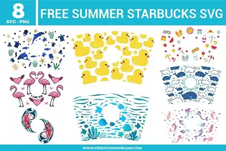 Summer Starbucks SVG bundle preview showing eight cup wrap style designs with ocean animals, rubber ducks, beach icons, flamingos, whales, fish, mermaids, and colorful summer patterns for Cricut and Silhouette.