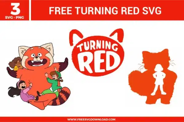 Free Turning Red SVG designs showing Mei Lee as a red panda with playful character scenes, Turning Red logo style text, and bold silhouette graphics