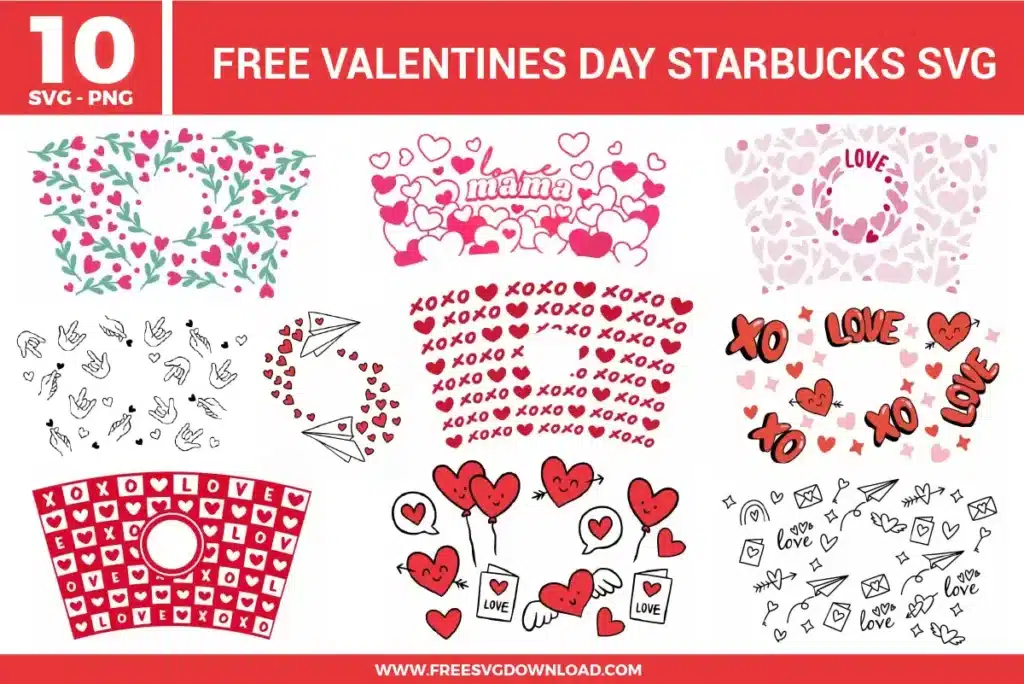 Valentine’s Day themed coffee cup wrap designs filled with red and pink hearts, XOXO lettering, love notes, arrows, paper airplanes, and hand-drawn doodles in a playful romantic style.
