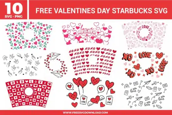 Valentine’s Day themed coffee cup wrap designs filled with red and pink hearts, XOXO lettering, love notes, arrows, paper airplanes, and hand-drawn doodles in a playful romantic style.