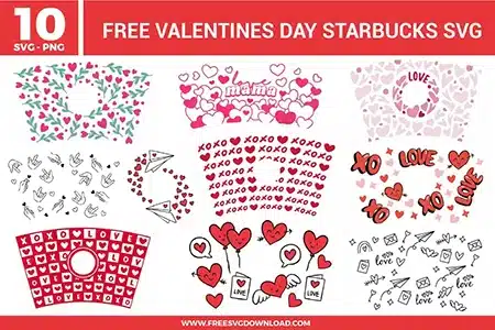 Valentine’s Day themed coffee cup wrap designs filled with red and pink hearts, XOXO lettering, love notes, arrows, paper airplanes, and hand-drawn doodles in a playful romantic style.