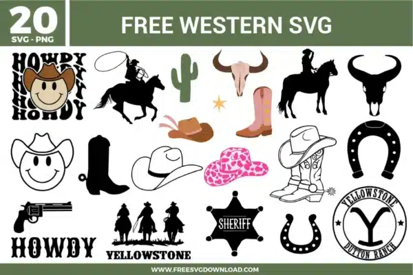 A large collection of 20 western free svg files featuring rustic cowboy and country lifestyle elements. The bundle includes detailed cowboy silhouettes riding horses, longhorn bull skulls, a green cactus, a star sheriff badge, a revolver, horseshoes, and the Yellowstone Dutton Ranch logo. The designs also showcase playful retro elements like smiley faces wearing cowboy hats and a pink cow-print hat, rendered in bold black silhouettes, earthy brown, pink, and clean line art.