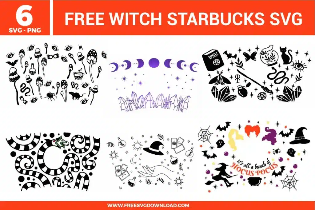 A bundle of 6 free svg files featuring witch-themed Starbucks cup wraps. Designs include a celestial moon phase and crystal pattern in purple, a mystical collection of mushrooms and eyes, a "Hocus Pocus" inspired wrap with colorful hair silhouettes, and a "Sandworm" inspired black and white striped wrap. Other elements include tarot cards, crystals, snakes, and magic spell books in a hand-drawn vector style.