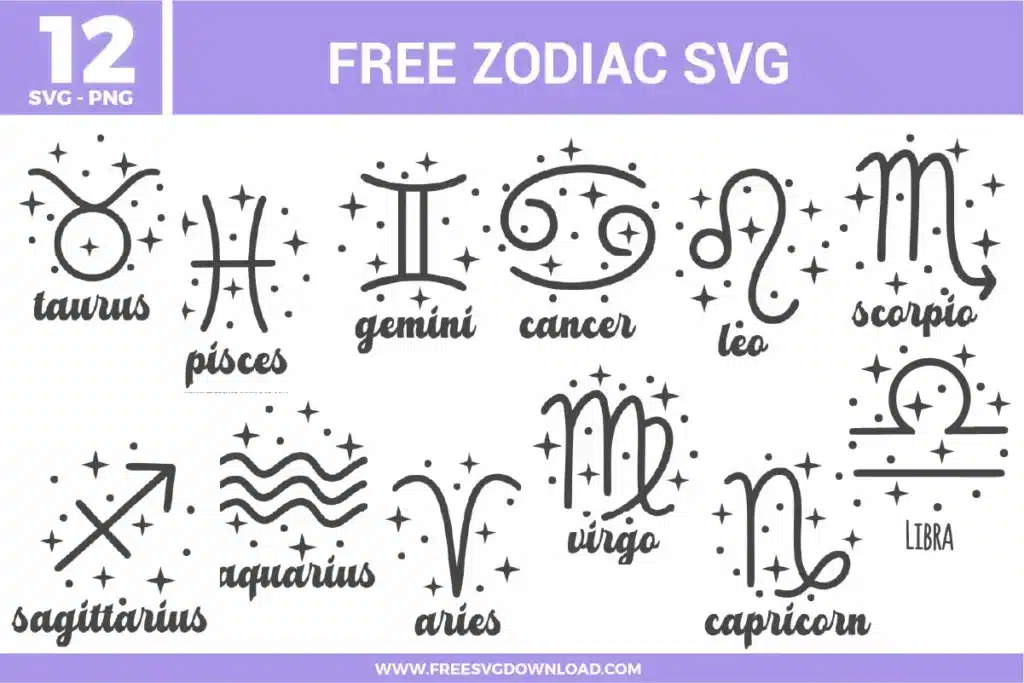 A complete set of 12 zodiac signs free svg files featuring minimalist celestial line art. Each astrological symbol, including Taurus, Gemini, and Scorpio, is designed in a clean black stroke style surrounded by delicate twinkling stars and dots. The set uses a mix of elegant cursive and modern serif typography, perfect for monochromatic aesthetic crafts and mystical personalized gifts.