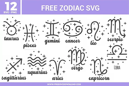 A complete set of 12 zodiac signs free svg files featuring minimalist celestial line art. Each astrological symbol, including Taurus, Gemini, and Scorpio, is designed in a clean black stroke style surrounded by delicate twinkling stars and dots. The set uses a mix of elegant cursive and modern serif typography, perfect for monochromatic aesthetic crafts and mystical personalized gifts.