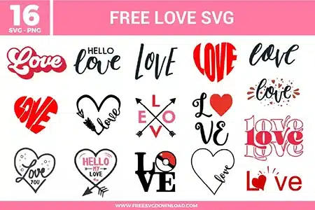 Love SVG bundle with hand drawn love lettering, heart icons, arrow hearts, layered heart shapes, script typography, modern and retro love styles, and red pink black color combinations.