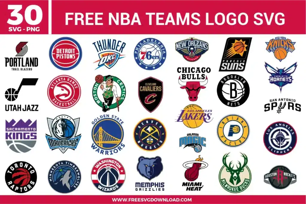 Free nba teams logo svg files featuring a 30-pack mega bundle of professional basketball league insignia graphics. The multi-colored vector asset collection showcases official team geometries including the Chicago Bulls mascot, Los Angeles Lakers typography, Boston Celtics leprechaun silhouette, Golden State Warriors bridge emblem, and Miami Heat flaming basketball for complete sports crafting.