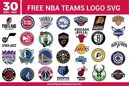 Free nba teams logo svg files featuring a 30-pack mega bundle of professional basketball league insignia graphics. The multi-colored vector asset collection showcases official team geometries including the Chicago Bulls mascot, Los Angeles Lakers typography, Boston Celtics leprechaun silhouette, Golden State Warriors bridge emblem, and Miami Heat flaming basketball for complete sports crafting.