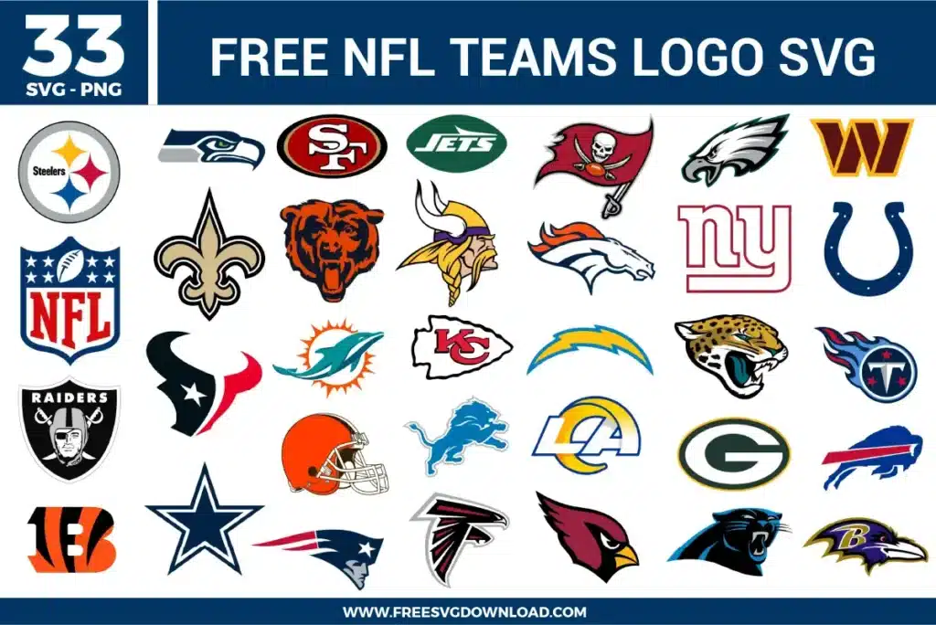 Free nfl teams logo svg files featuring a comprehensive 33-pack mega bundle of professional football shield emblems and helmet icons. The multi-colored vector asset collection showcases official team geometries including the Dallas Cowboys star, Pittsburgh Steelers hypocycloids, Green Bay Packers G, Kansas City Chiefs arrowhead, and New England Patriots profile for complete league crafting.