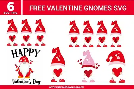 Cute Valentine gnome characters wearing red hats with heart details, holding heart shapes and spelling MOM and LOVE in a playful red and white Valentine theme.