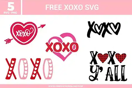 XOXO Valentine SVG designs featuring heart shapes, handwritten XOXO lettering, layered heart outlines, playful arrow hearts, bold red and pink color palettes, and modern love themed typography.