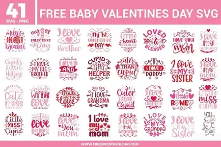 Baby Valentine quote designs with sweet hand-lettered phrases, hearts, arrows, and playful typography in soft pink and red tones celebrating family love and first Valentine moments.