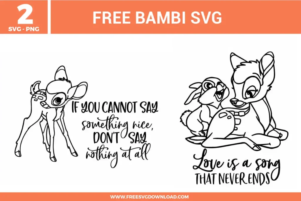 Free Bambi SVG designs showing Bambi character line art with gentle expressions and inspirational quotes about kindness and love