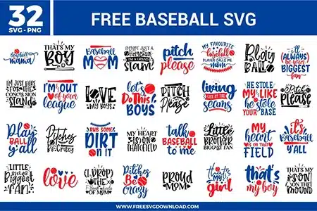 Mega bundle of 32 baseball free svg files displaying a massive variety of game day quotes and graphic designs in deep navy blue, bright red, and solid black colors. The layout features family-focused athletic typography like "That's My Boy", "Baseball Mama", "Little Sister Biggest Fan", and "Pitches Be Crazy" integrated with clean illustrations of baseball bats, balls, heart-shaped stitches, and field home plates for diverse sporting projects.