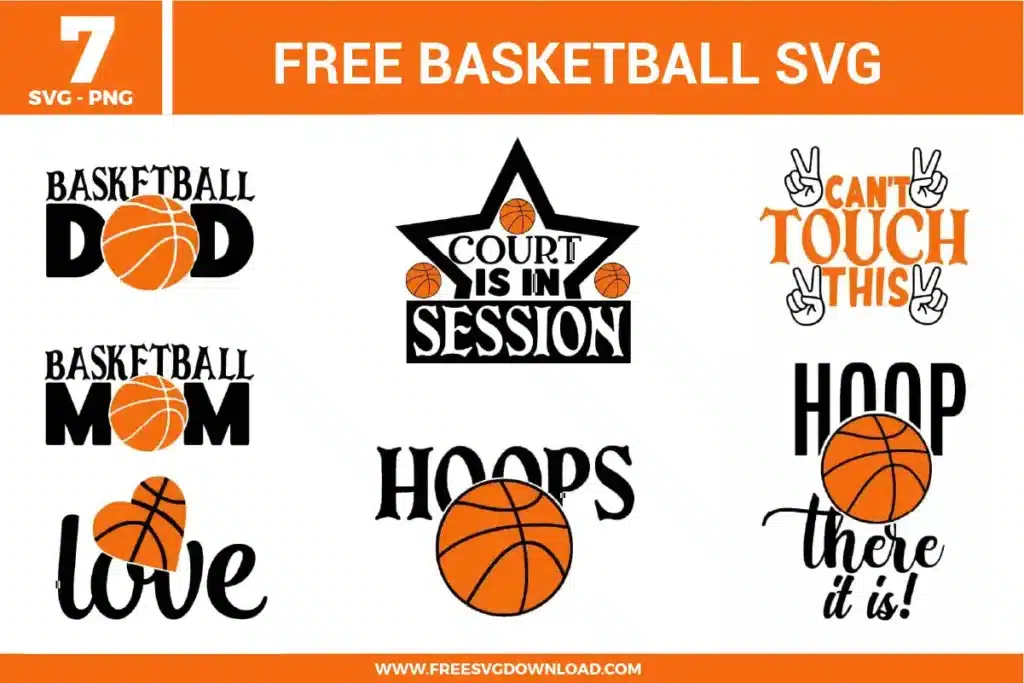 Collection of 7 basketball free svg files featuring iconic orange basketball vectors with crisp black seam lines. The set showcases spirited game day typography graphics like "Basketball Dad," "Basketball Mom," "Court Is In Session" inside a sharp star frame, "Can't Touch This" with peace signs, and a stylized heart ball layout for custom court sports apparel.
