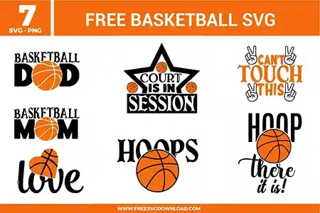 Collection of 7 basketball free svg files featuring iconic orange basketball vectors with crisp black seam lines. The set showcases spirited game day typography graphics like "Basketball Dad," "Basketball Mom," "Court Is In Session" inside a sharp star frame, "Can't Touch This" with peace signs, and a stylized heart ball layout for custom court sports apparel.