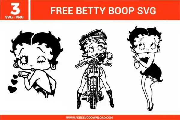 Betty Boop free svg files featuring a classic winking Betty blowing hearts, Betty riding a detailed motorcycle in biker gear, and a full-body standing pose in her iconic mini dress, designed as high-contrast black and white silhouettes for clean vinyl cutting.