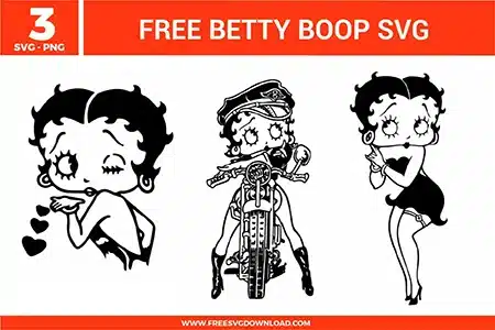 Betty Boop free svg files featuring a classic winking Betty blowing hearts, Betty riding a detailed motorcycle in biker gear, and a full-body standing pose in her iconic mini dress, designed as high-contrast black and white silhouettes for clean vinyl cutting.