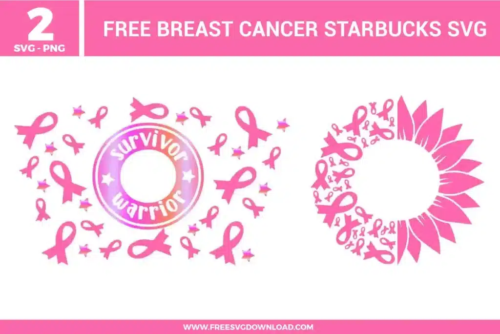 A bundle of 2 free svg files for breast cancer awareness featuring a "Survivor Warrior" circular coffee logo and a unique sunflower design where half the petals are replaced by pink ribbons. The designs use various shades of vibrant pink and soft magenta, with the Starbucks-style wrap including decorative stars and floating ribbon accents. These high-quality free svg files are designed for creating meaningful survivor gifts, awareness walk apparel, and custom drinkware.