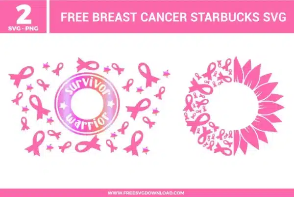 A bundle of 2 free svg files for breast cancer awareness featuring a "Survivor Warrior" circular coffee logo and a unique sunflower design where half the petals are replaced by pink ribbons. The designs use various shades of vibrant pink and soft magenta, with the Starbucks-style wrap including decorative stars and floating ribbon accents. These high-quality free svg files are designed for creating meaningful survivor gifts, awareness walk apparel, and custom drinkware.
