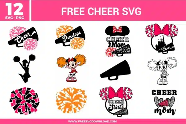 Collection of 12 cheer free svg files featuring mouse ear silhouettes, megaphones, and pom-poms in hot pink, bright orange, and black leopard patterns. The designs include custom name frames, jumping cheerleader silhouettes, and cartoon character outlines, perfect for creating team spirit wear and matching vacation apparel.