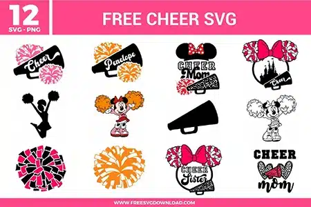 Collection of 12 cheer free svg files featuring mouse ear silhouettes, megaphones, and pom-poms in hot pink, bright orange, and black leopard patterns. The designs include custom name frames, jumping cheerleader silhouettes, and cartoon character outlines, perfect for creating team spirit wear and matching vacation apparel.