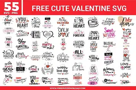 Collection of cute Valentine quote designs with hand-lettered love phrases, hearts, arrows, florals, and playful typography in red, pink, black, and soft neutral tones.