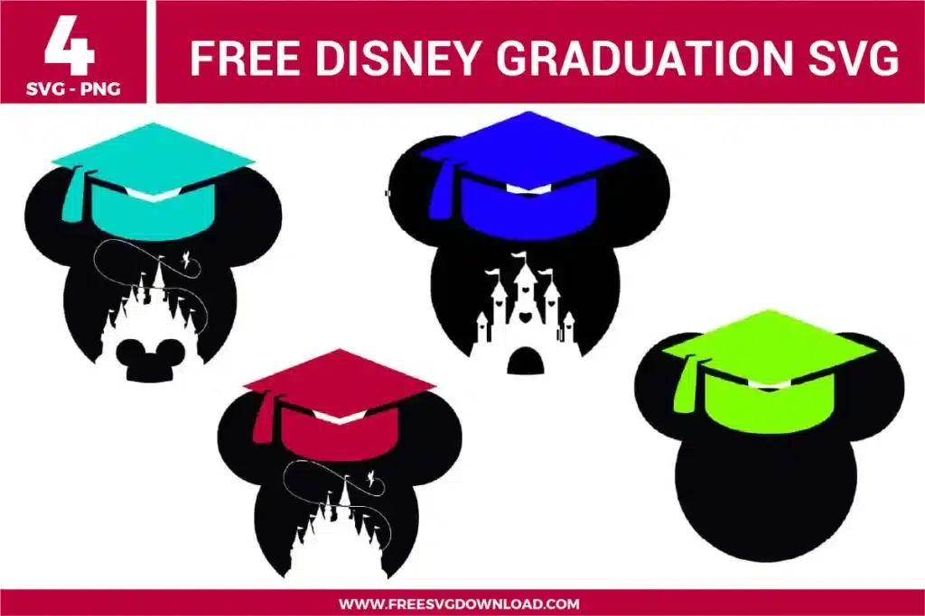 Free Disney graduation SVG designs showing Mickey head silhouettes wearing graduation caps in different colors with castle inspired details