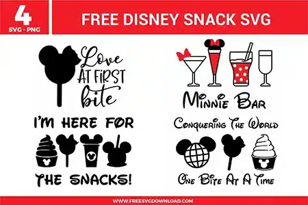 Free Disney snack SVG designs showing Mickey and Minnie inspired treats, drinks, desserts, snack themed phrases