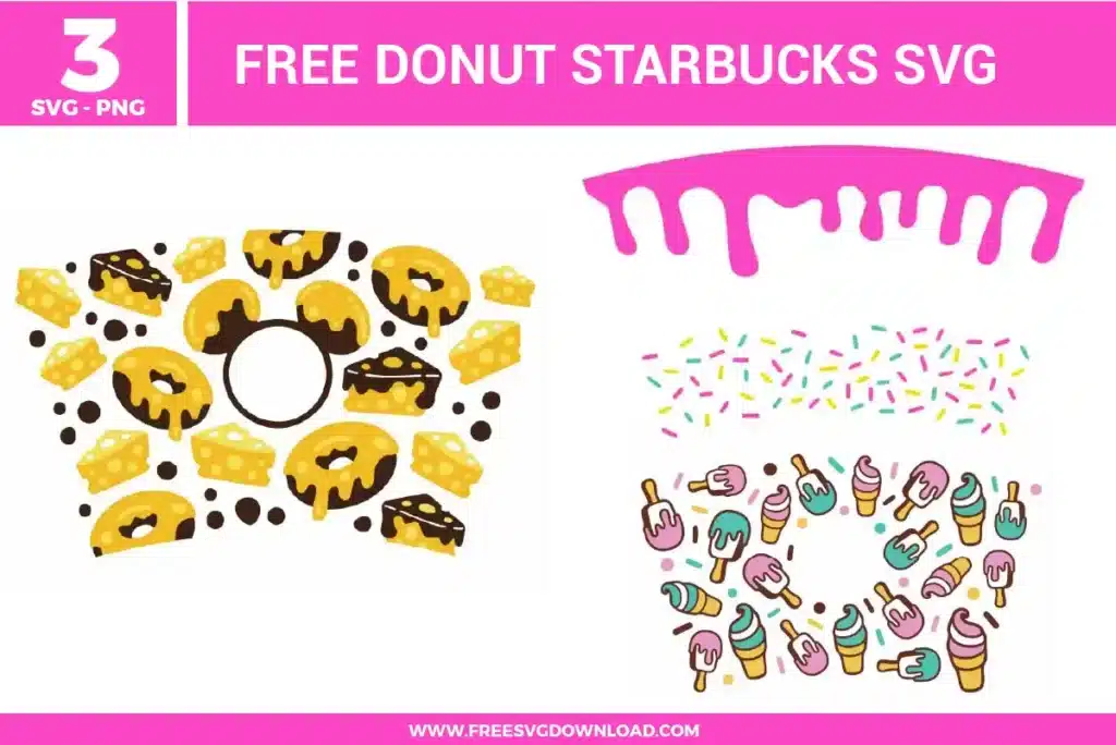 Collection of 3 free svg files containing sweet dessert themed cup wraps designed for 24oz Starbucks cold cups. The graphics showcase a yellow donut pattern with chocolate frosting, crumbs, and a central mouse-eared circular frame, a pink dripping frosting top rim wrap with a matching scattered rainbow sprinkle band, and a pastel ice cream cone and popsicle pattern with mint, pink, and purple soft-serve graphics surrounding a central circular logo cutout.
