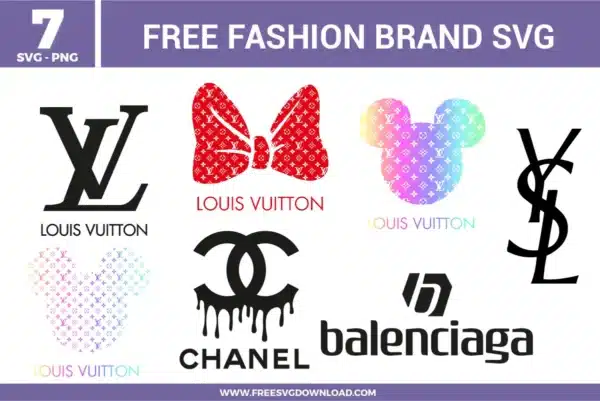 Louis Vuitton, Chanel, Balenciaga, and YSL mashups in the Fashion Brands SVG bundle, available as free svg files for luxury crafts.